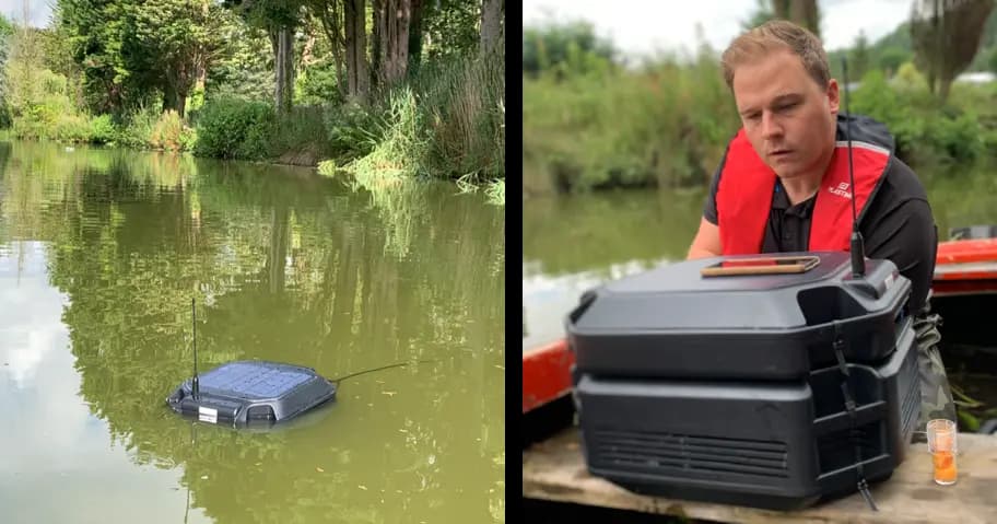 Picture of WATR pro units in a river alongside a map showing the location of the units