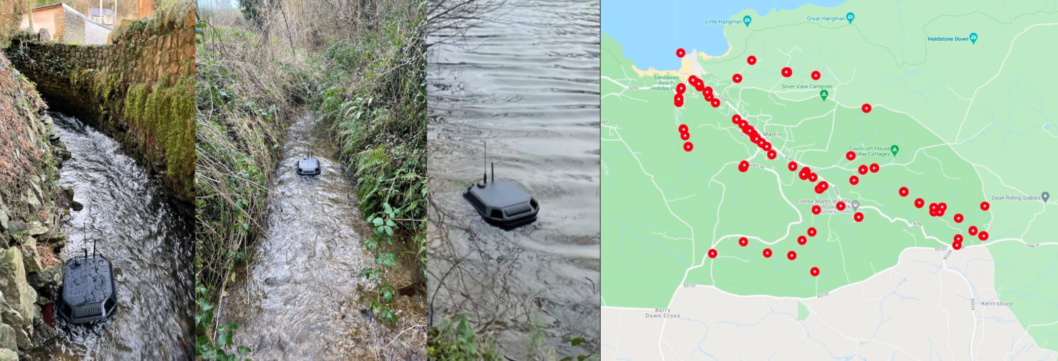 Picture of WATR pro units in a river alongside a map showing the location of the units