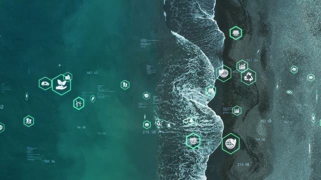 Aerial view of coastline featuring icons representing water sampling data